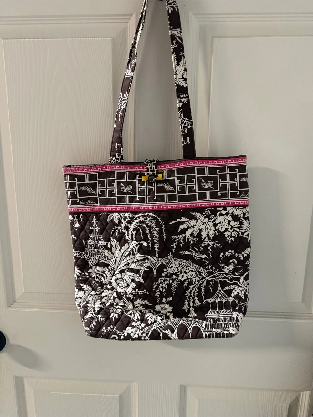 Quilted Floral Tote Bag in Brown and White with Pink Trim